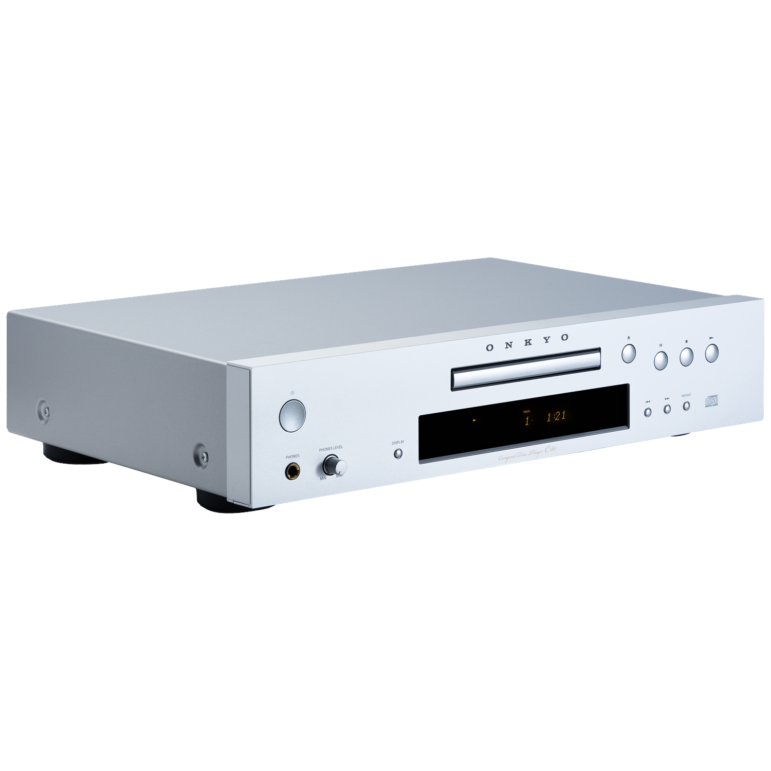 Silver Onkyo CD player with display, controls, and headphone jack.