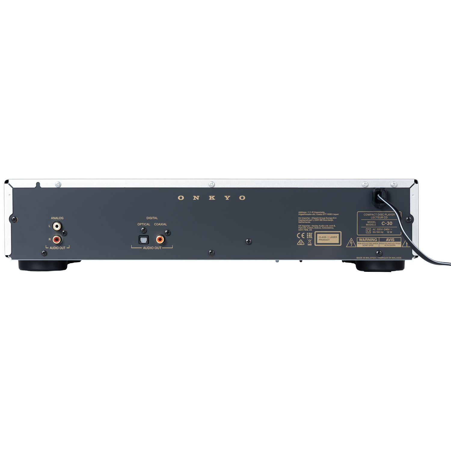 Back of an Onkyo CD player showing analog, digital audio out ports and model C-30.