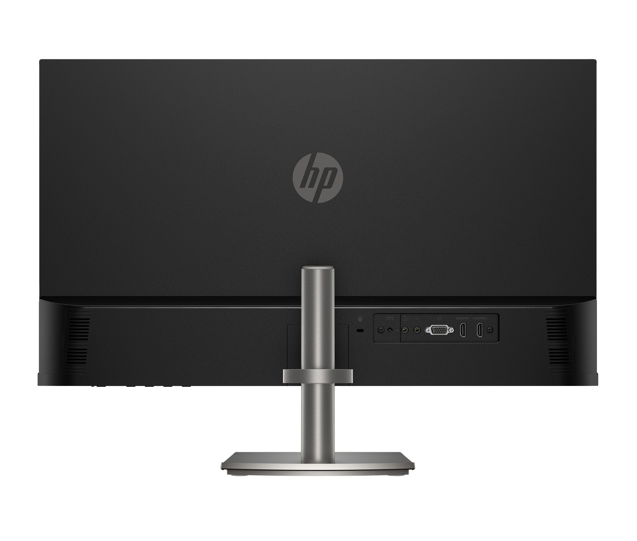 Rückseite eines schwarzen Monitors mit HP-Logo, silbernem Ständer und Anschlüssen.