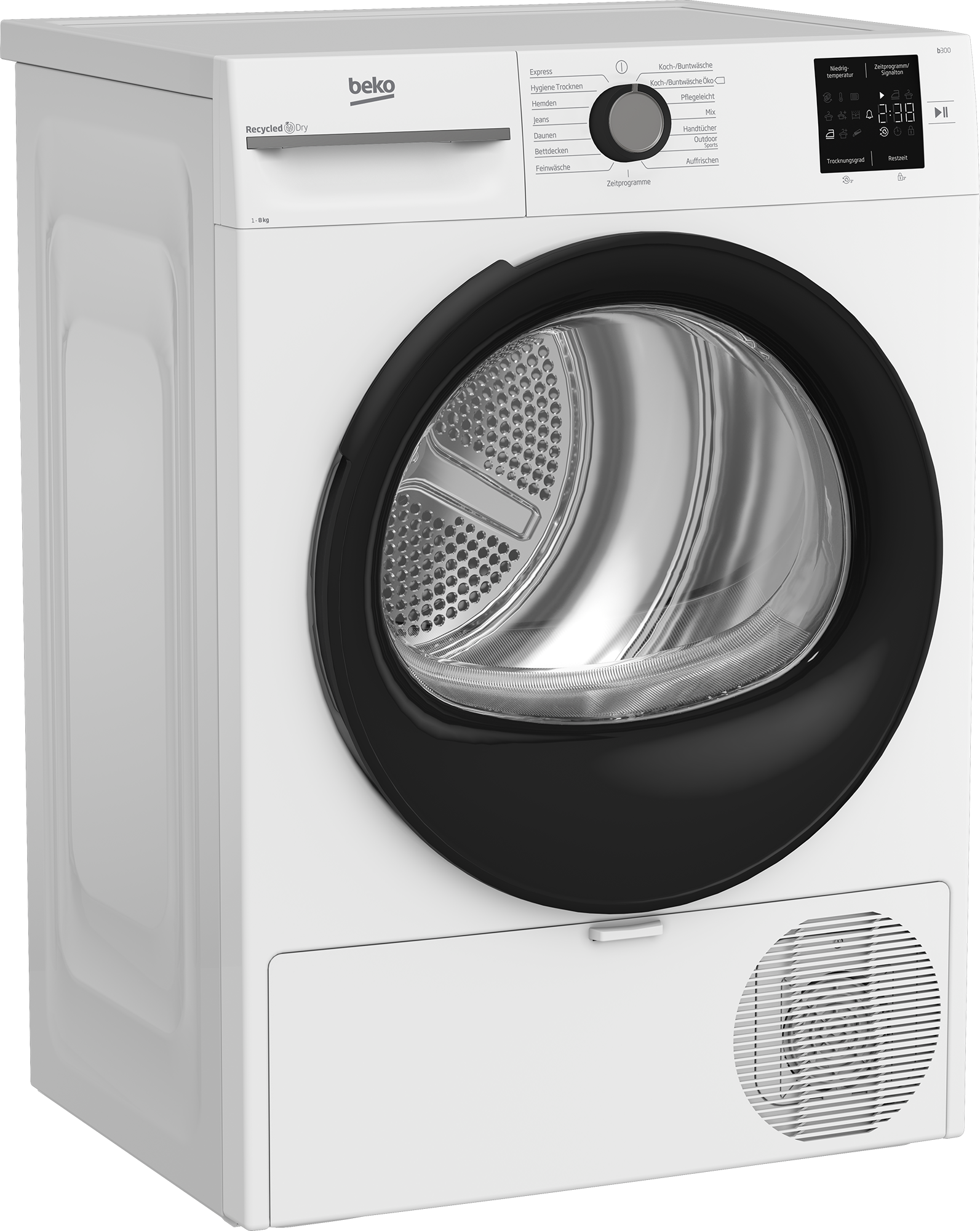 Eine weiße Beko-Wäschetrockner-Vorderansicht mit schwarzer Tür und silberner Trommel.