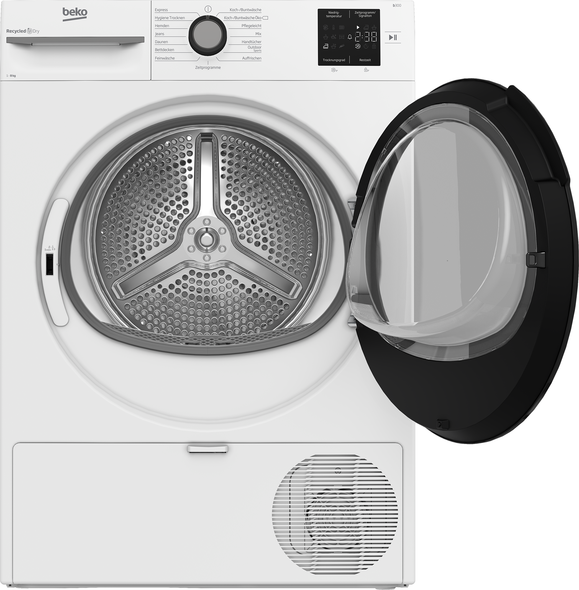 Ein weißer Beko Wäschetrockner mit geöffneter Tür und sichtbarer Trommel.