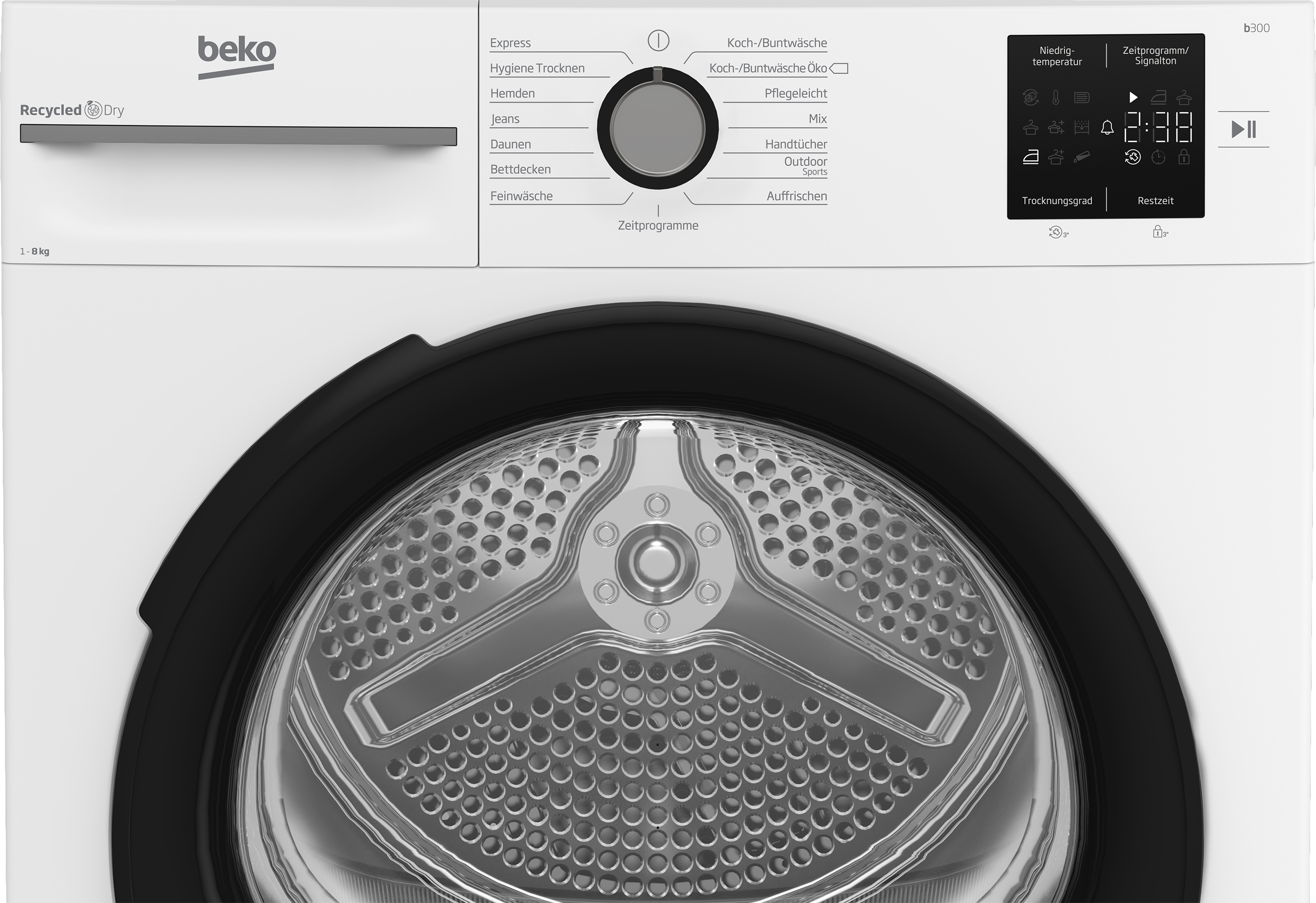 Weiße Beko Trockner-Vorderseite mit Bedienfeld und runder Trommel.