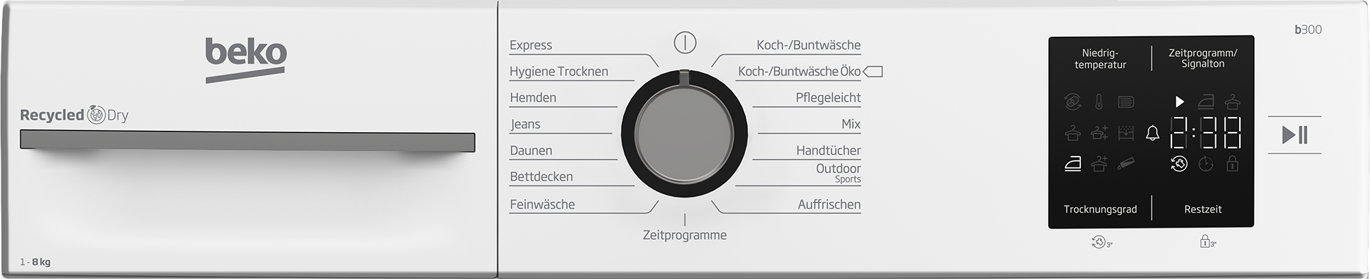 Beko Waschmaschine mit digitalem Display, Programmwähler und Ladekapazität 1-8 kg.