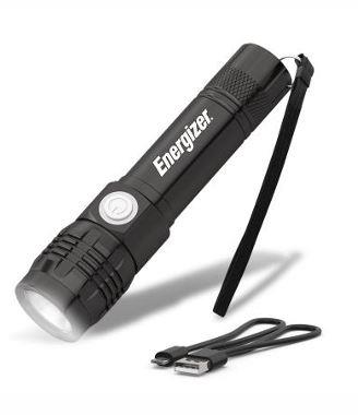 Fekete Energizer zseblámpa zsinórral és USB-kábellel.