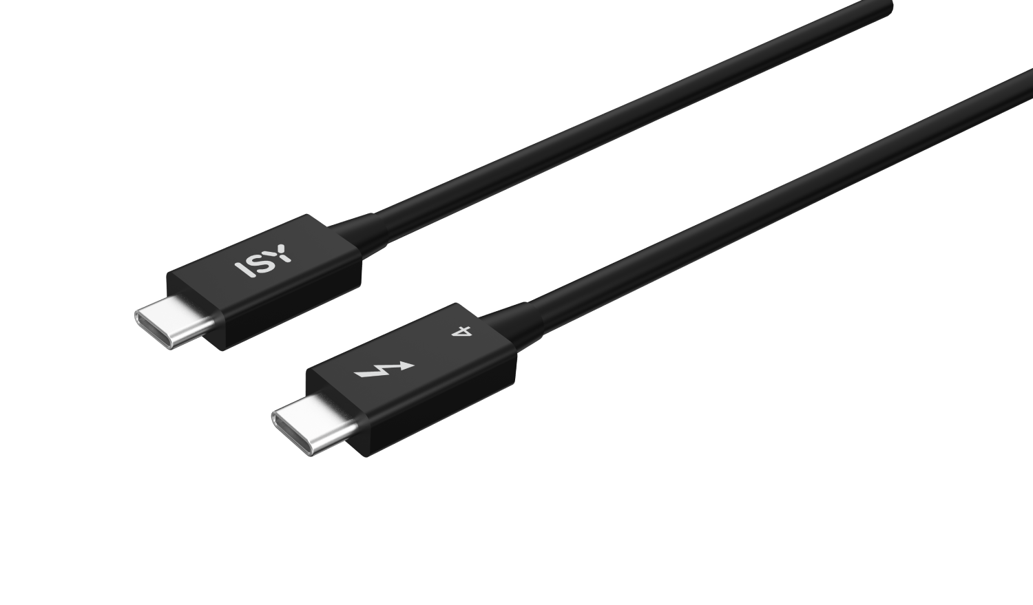 Cable USB-C negro con logo ISY y símbolo de rayo.