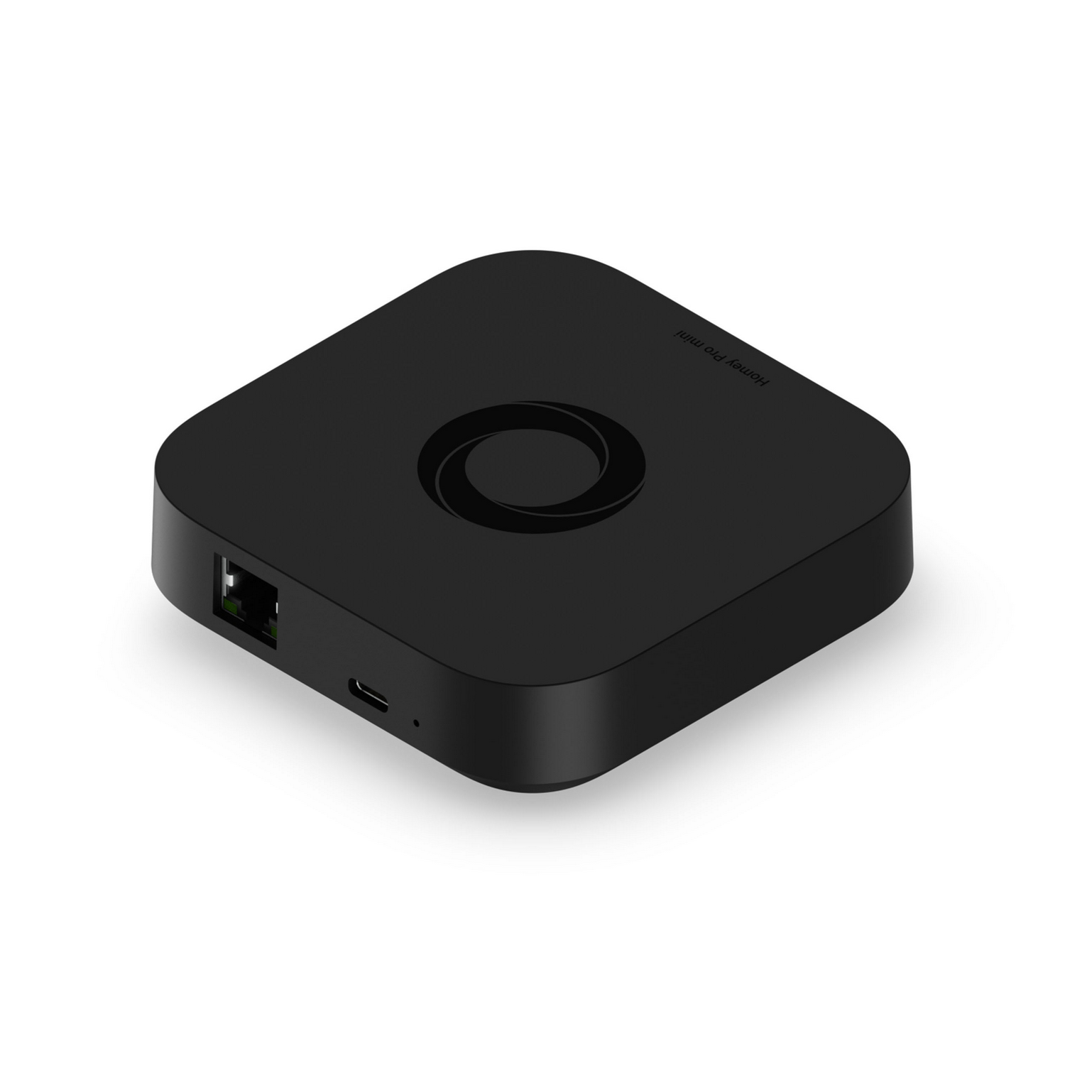 Hub Homey Pro Mini negro con puertos Ethernet y USB-C visibles.