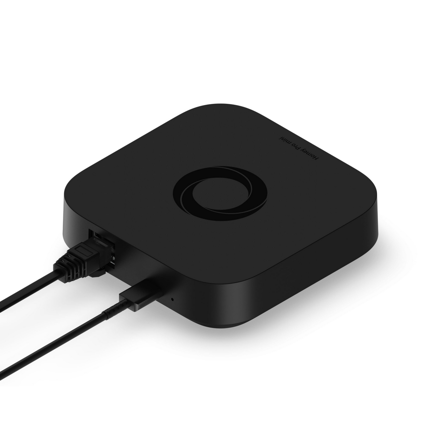 Dispositivo negro para el hogar inteligente con cables conectados sobre fondo blanco.