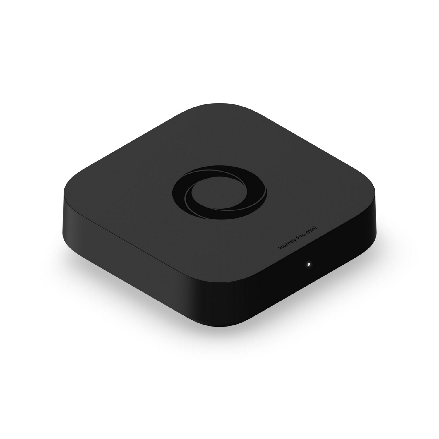 Dispositivo negro Homey Pro mini con logo y pequeño punto de luz.