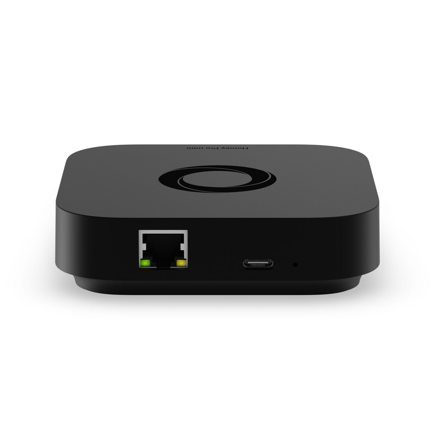 Homey Pro Mini negro con puerto Ethernet y conexión USB-C.