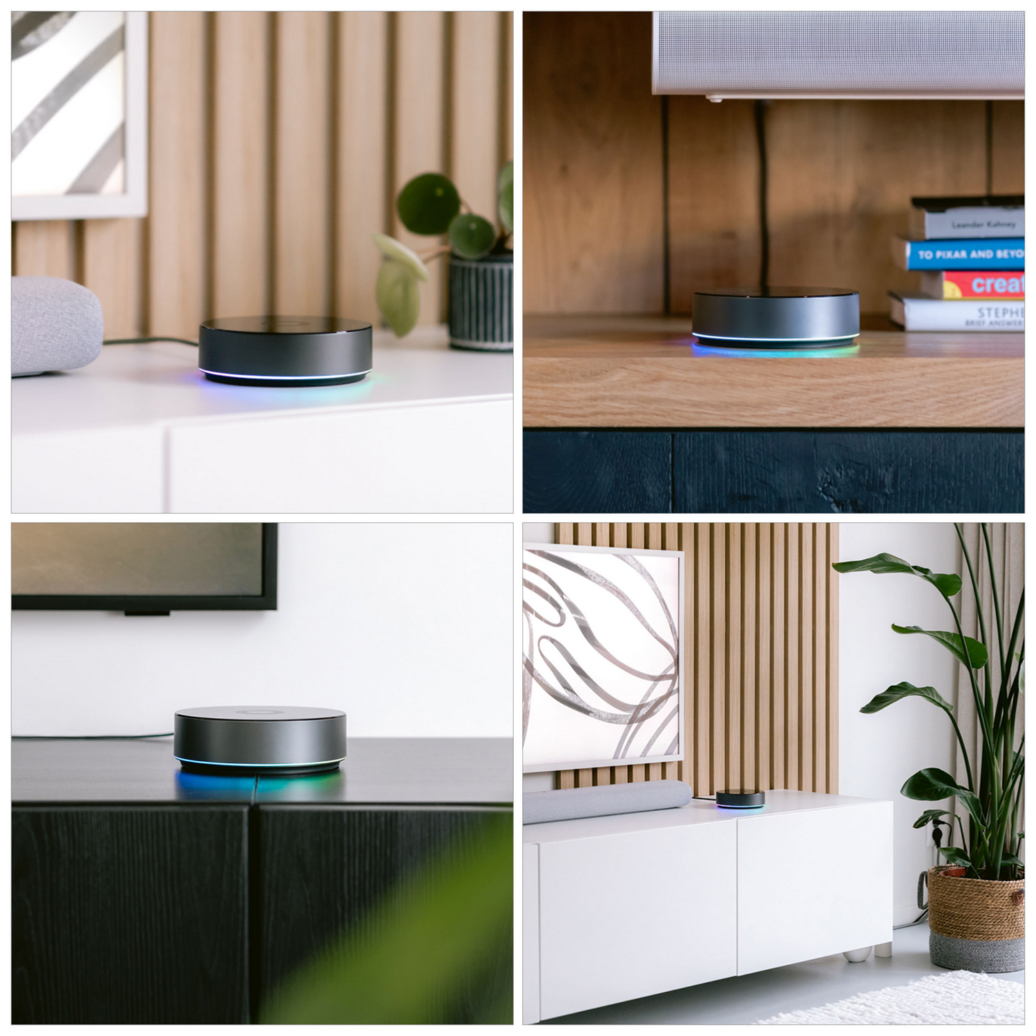 Un concentrador inteligente redondo y oscuro con un anillo brillante sobre muebles blancos.