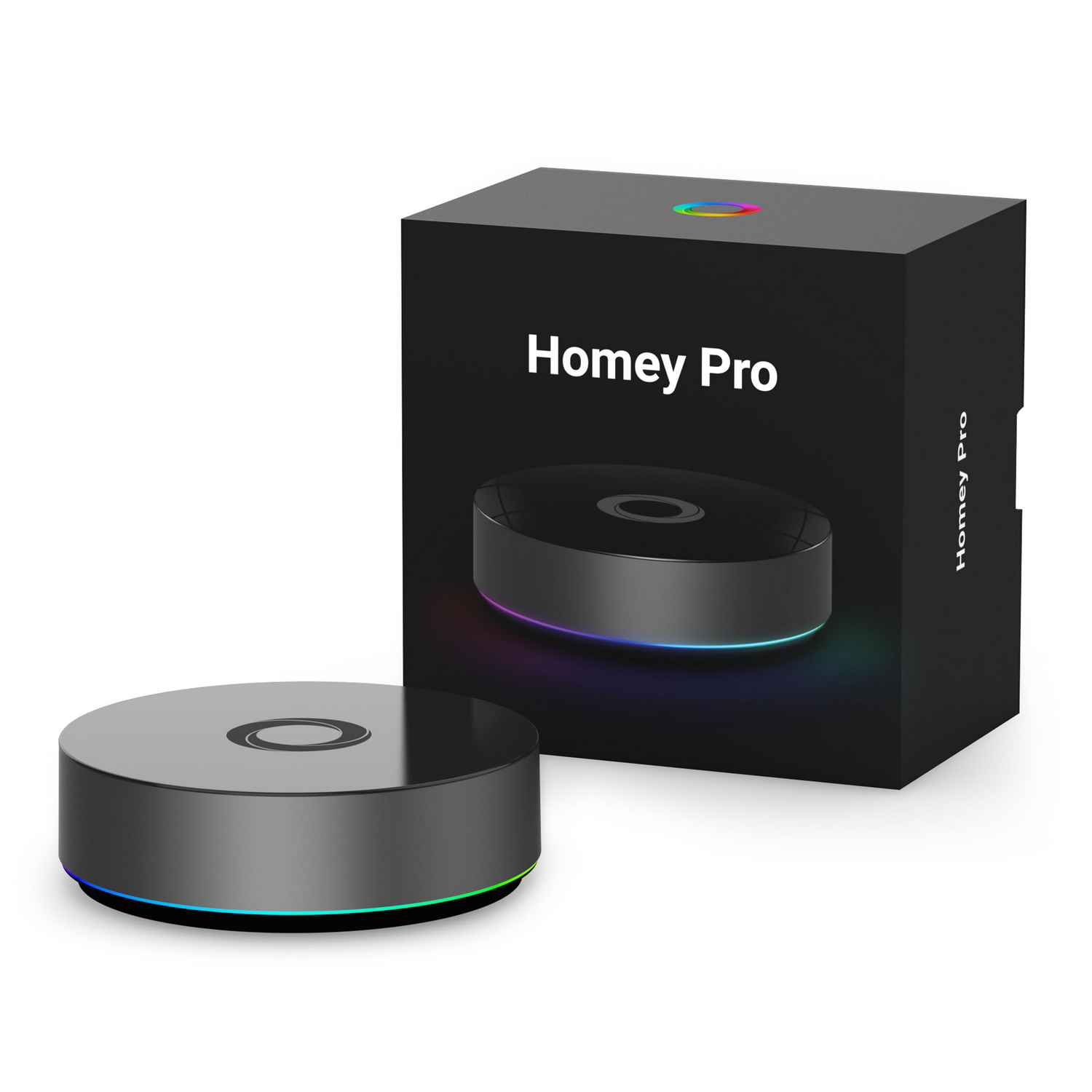 Un Hub Homey Pro gris con una caja oscura al lado.