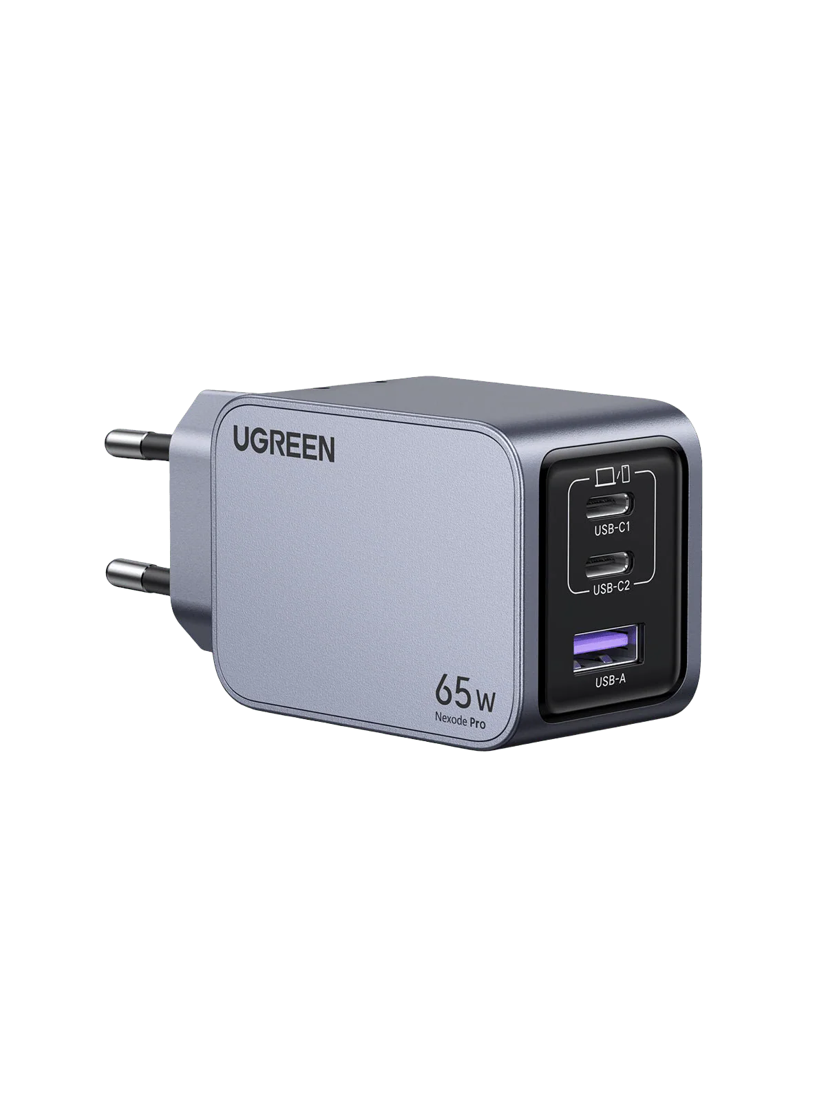 Cargador UGREEN gris con 2 puertos USB-C y 1 puerto USB-A.