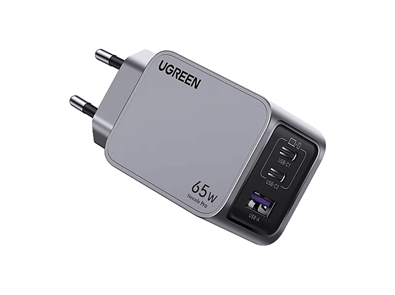 Cargador de pared - Ugreen Mini GaN Nexode Pro, Universal, Carga Rápida, 65W, 2x USB-c, 1x USB-A, Plata