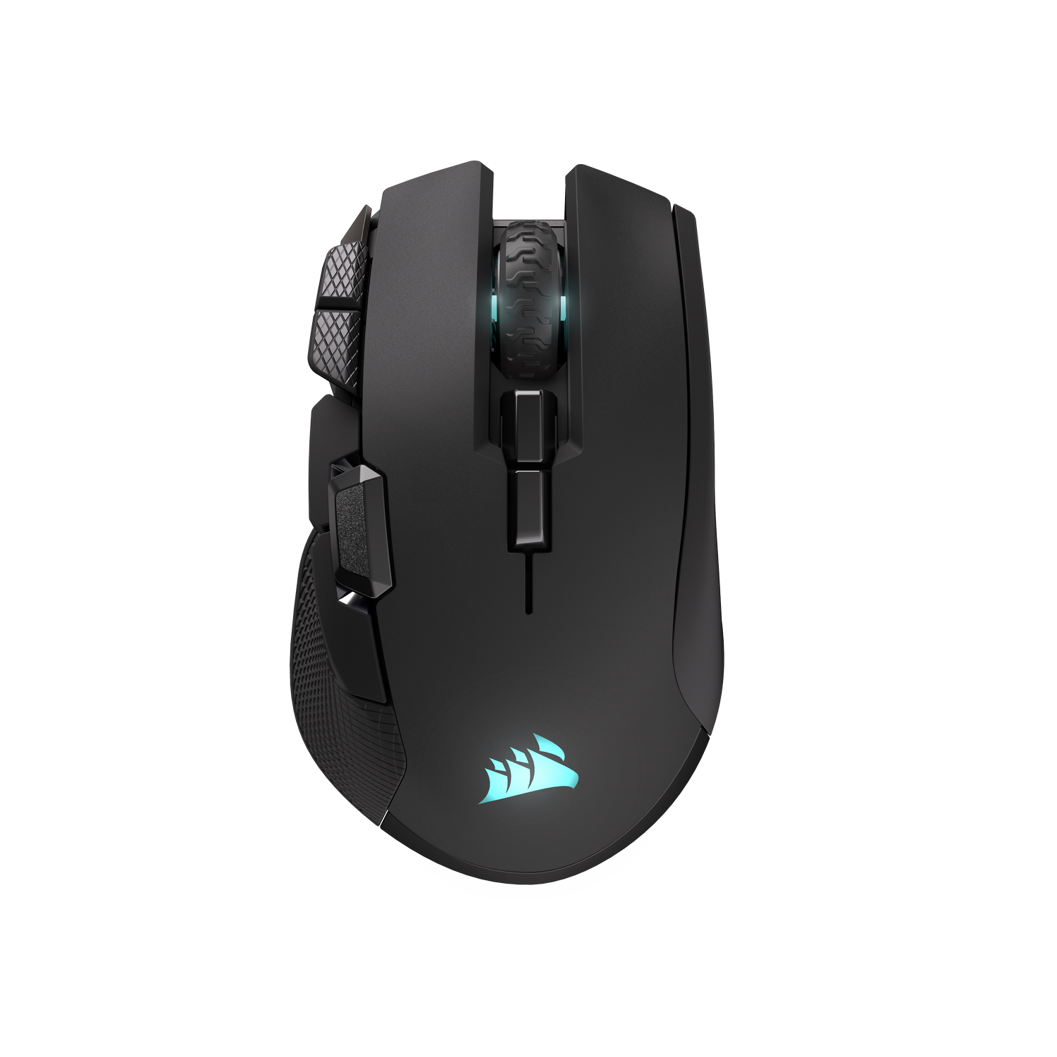 Ratón gaming negro con logo y rueda iluminados en azul sobre fondo gris.