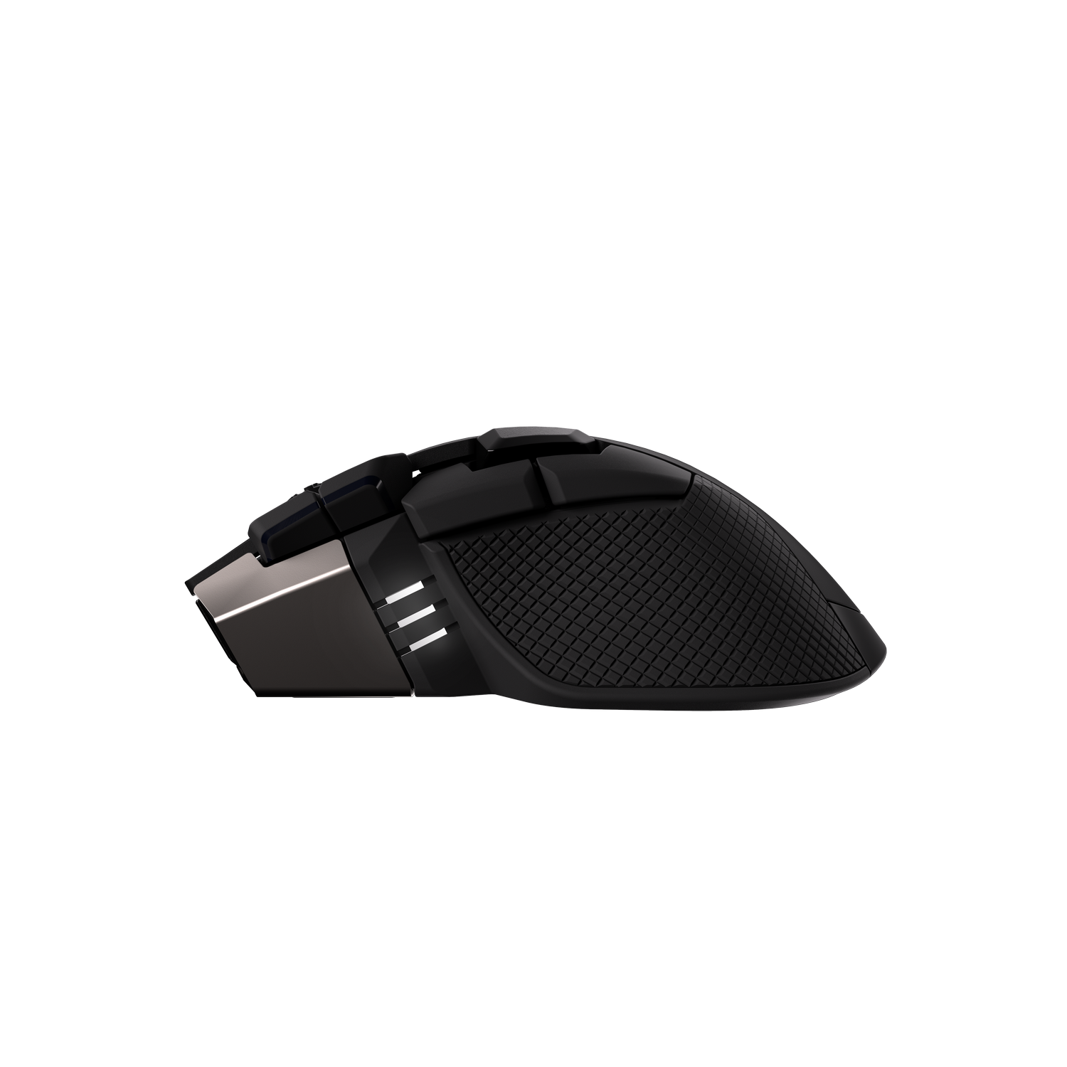 Ratón gaming negro con agarre texturizado y detalles metálicos.