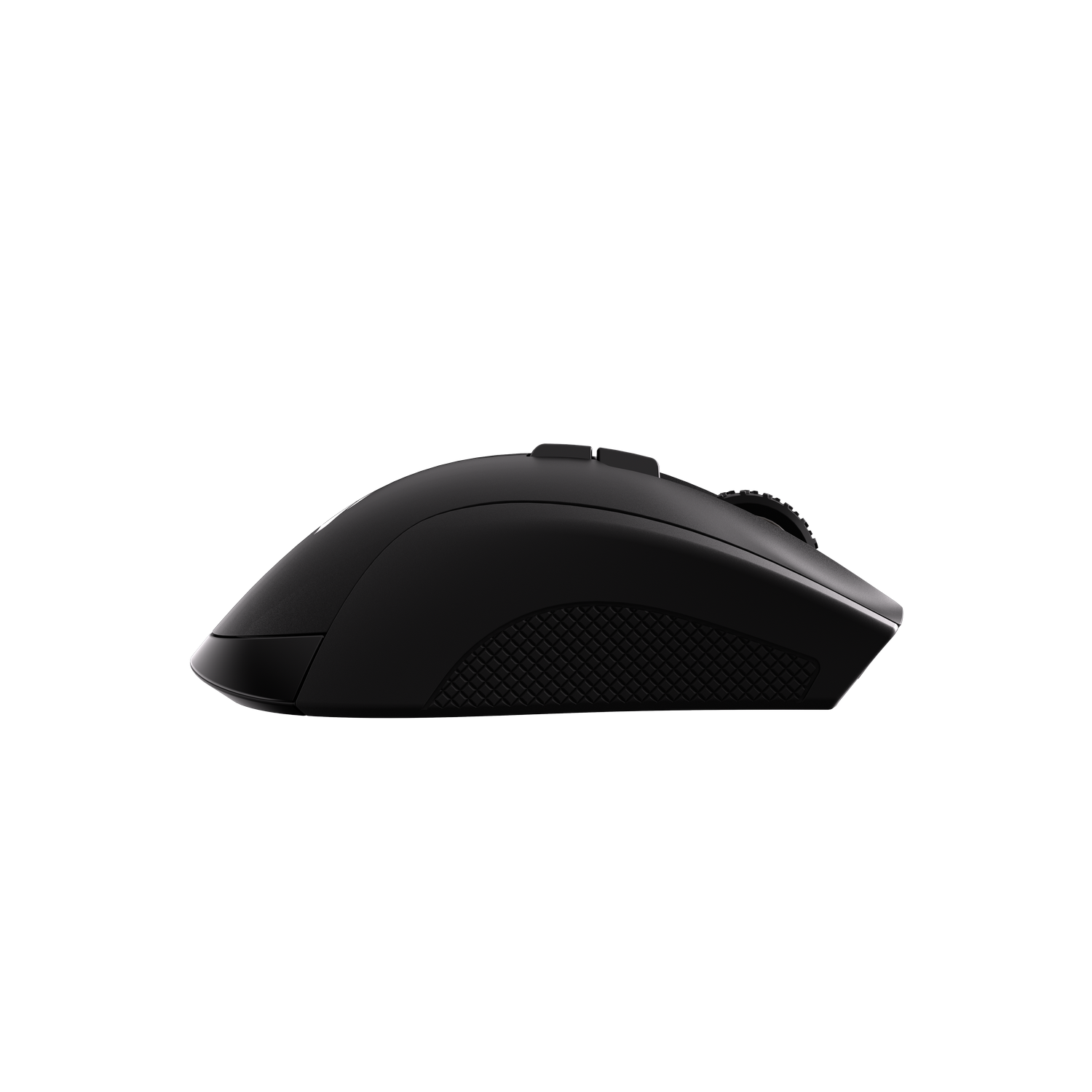 Ratón de ordenador negro con rueda de desplazamiento y botones, vista lateral.