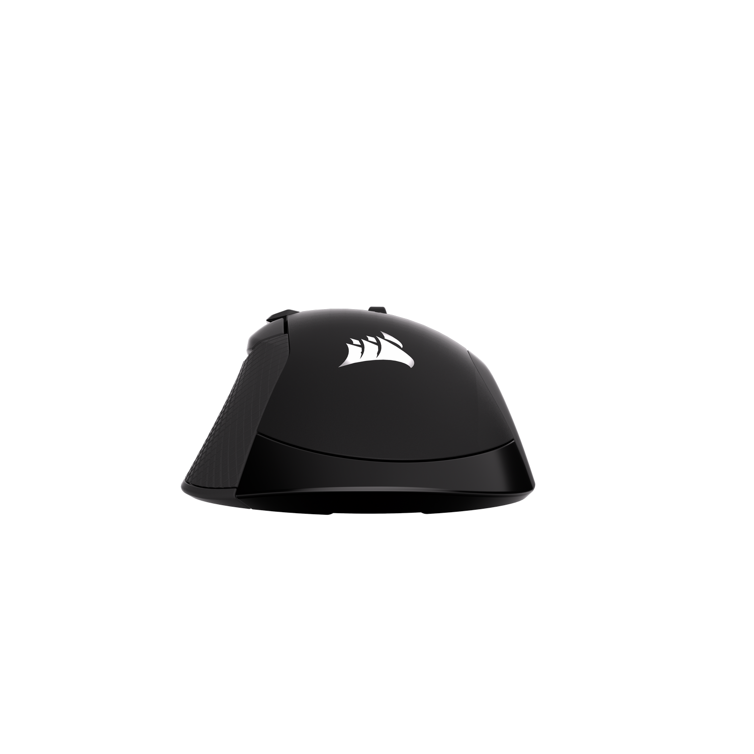 Un ratón de ordenador negro con logo blanco sobre fondo gris.