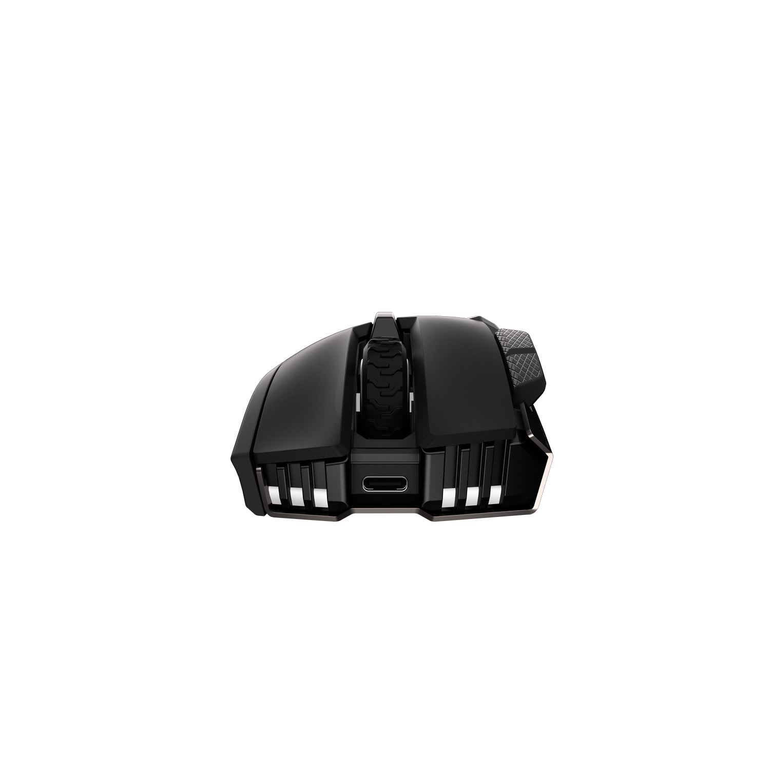 Ratón gamer negro con botones iluminados y puerto USB-C.