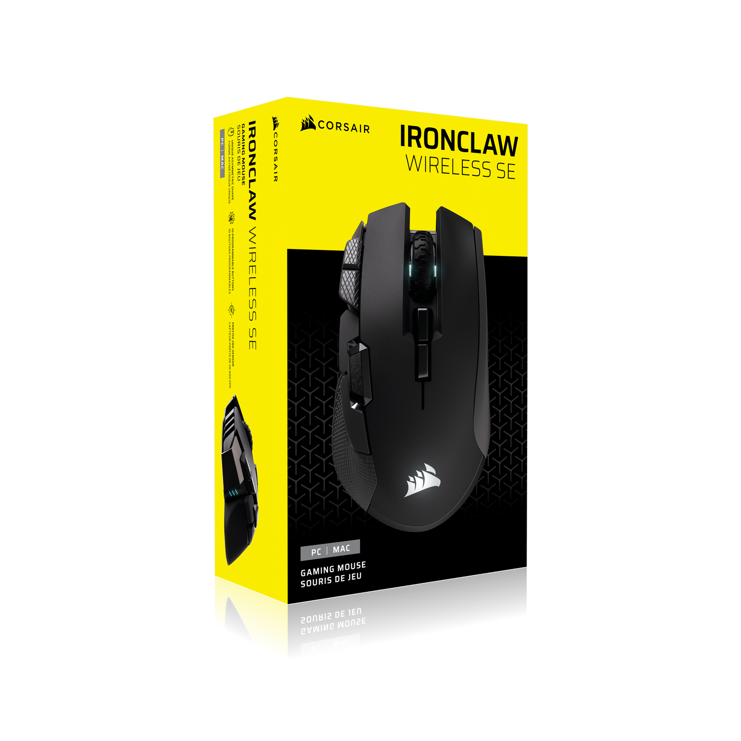 Ratón gaming negro Corsair Ironclaw Wireless SE sobre embalaje amarillo.