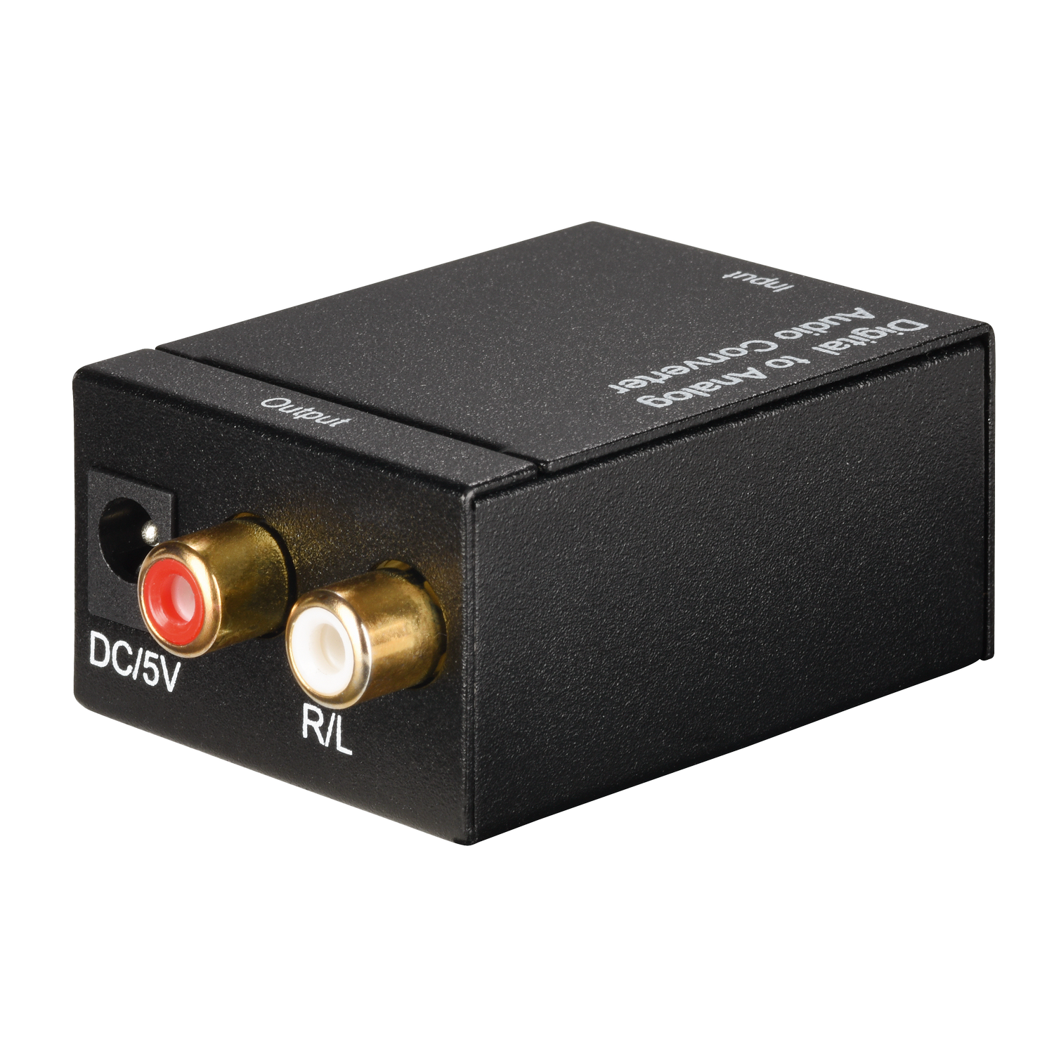 Convertidor de audio digital a analógico negro con entrada DC/5V y salidas R/L.