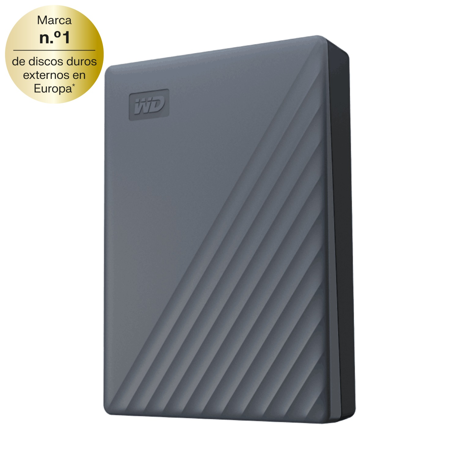 Disco duro externo gris con ranuras diagonales y logo WD. Sello "Marca N.º 1".