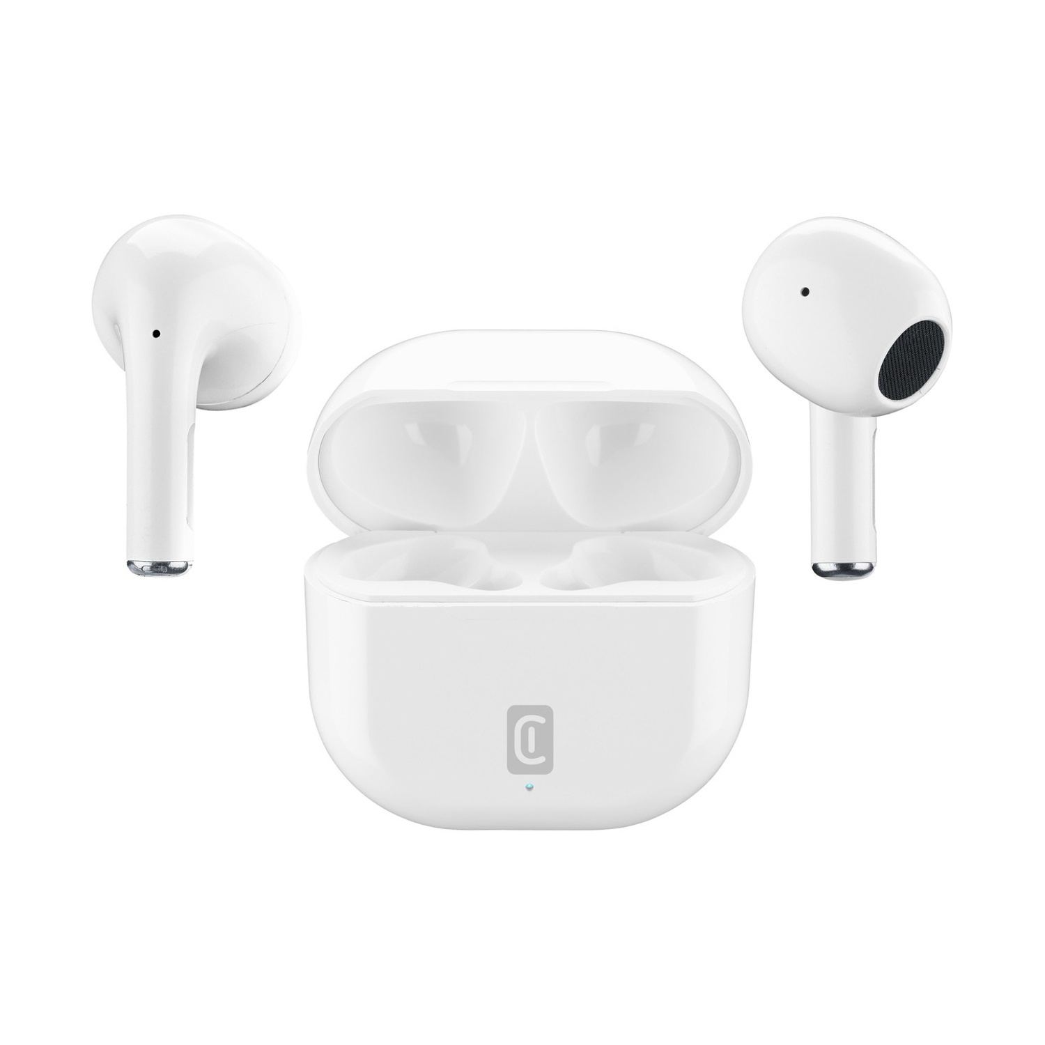 Auricolari wireless bianchi con custodia di ricarica, su sfondo bianco.