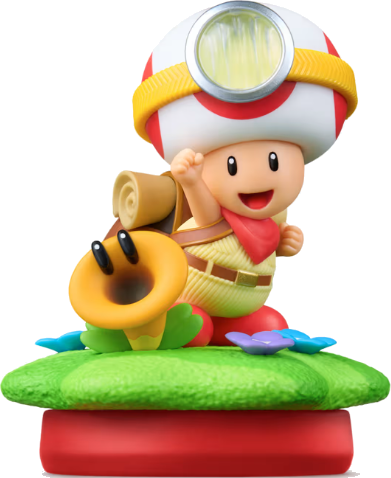 Ein Toad-Charakter mit Rucksack und Lampe auf einer grünen Wiese mit Blumen.