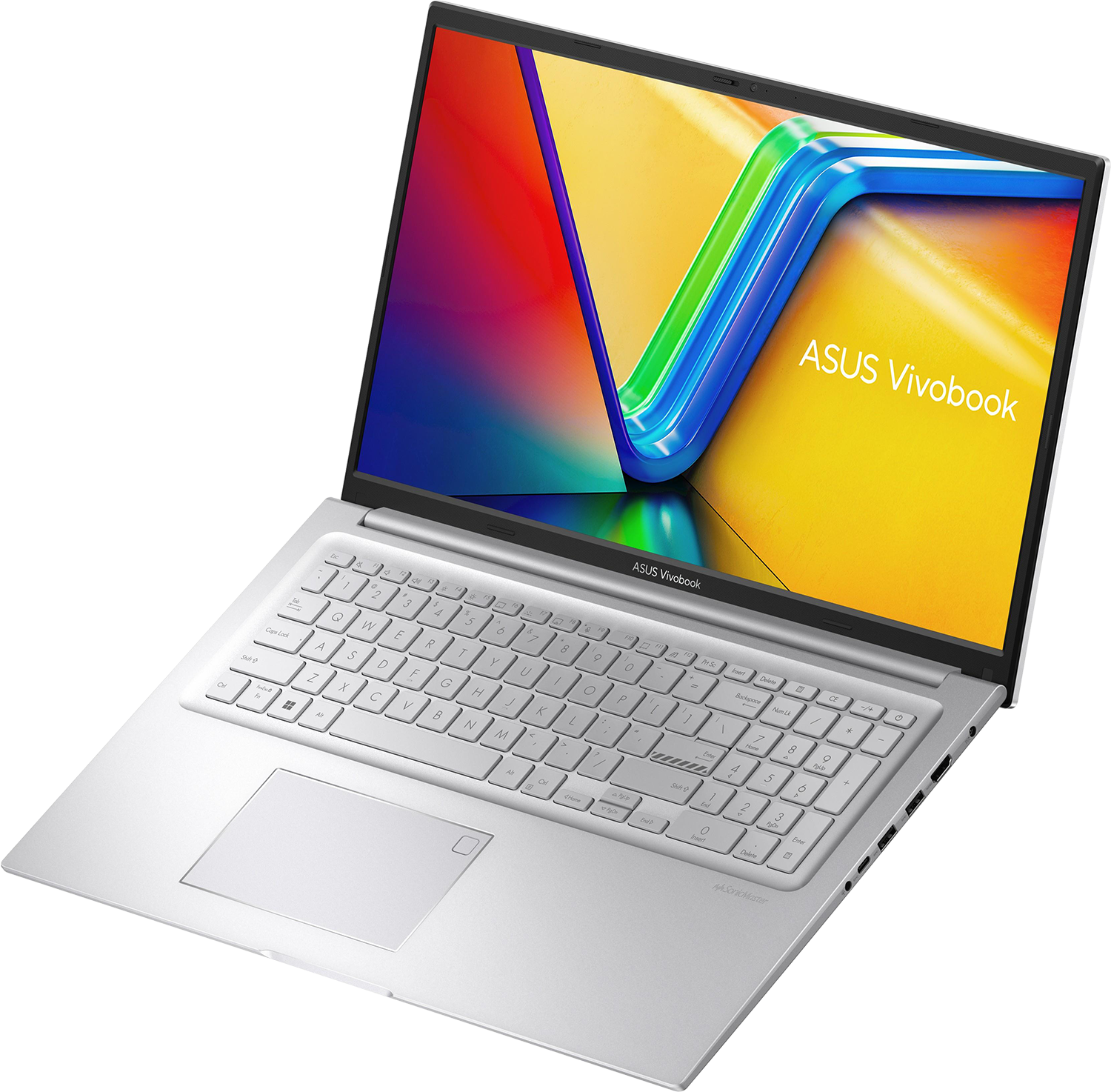 Ezüst Asus Vivobook laptop fehér háttérrel.