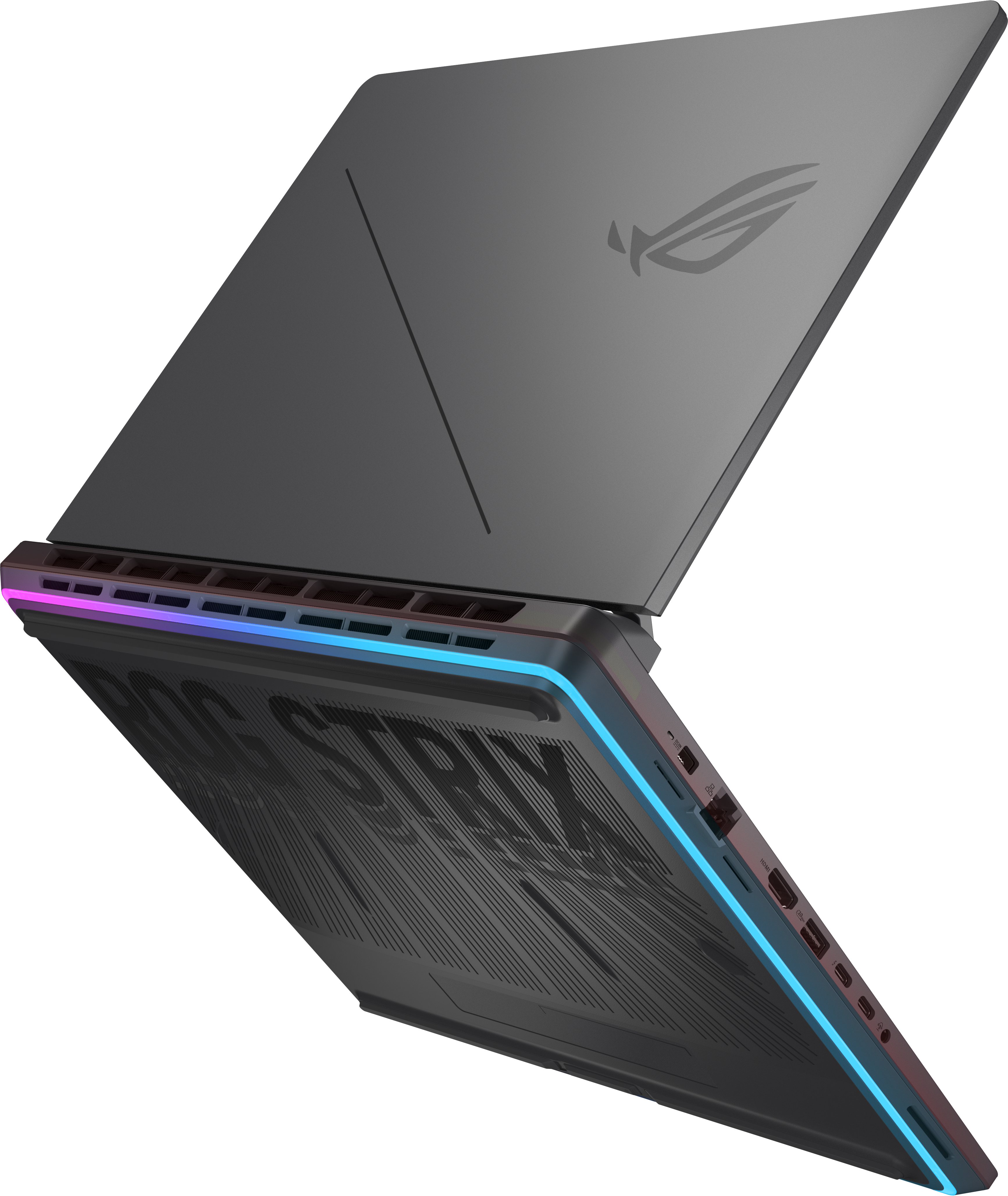 Szürke laptop megvilágított peremmel és szellőzőnyílásokkal.
