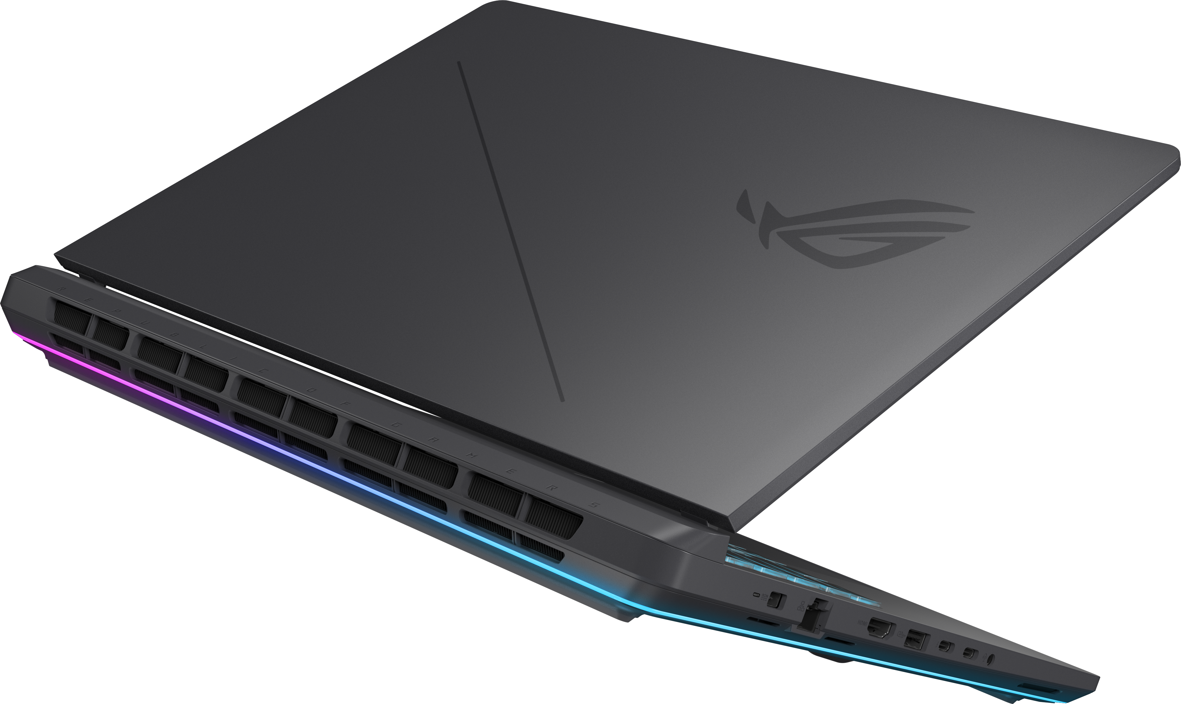 Fekete laptop RGB oldalsó világítással és ROG logóval.