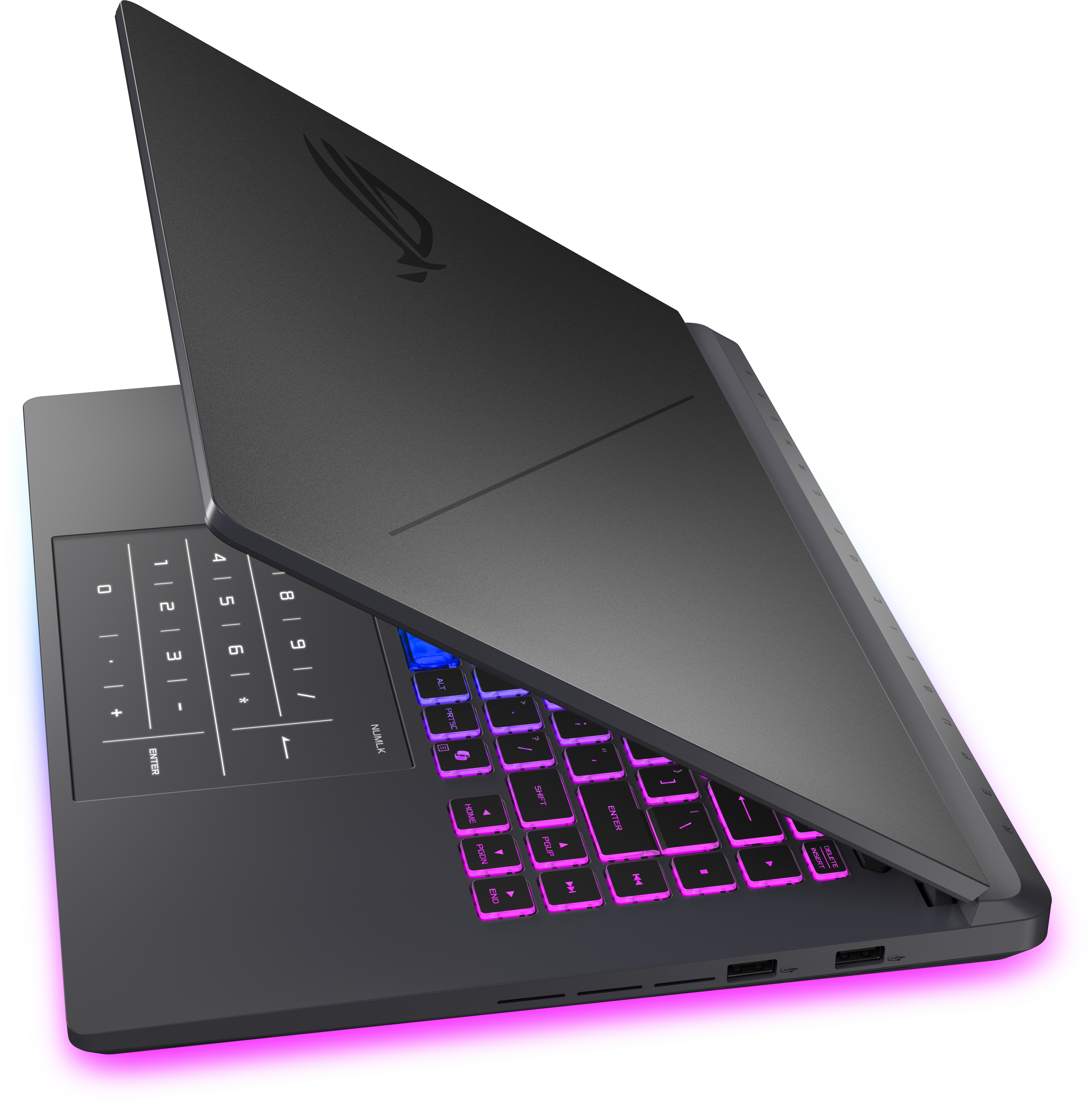 Fekete laptop világító billentyűzettel. RGB világítás szegélyezi a készüléket.
