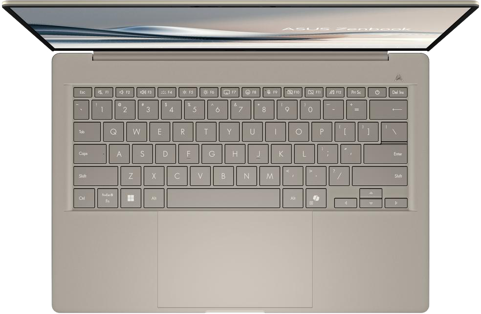 Egy bézs ASUS Zenbook laptop felülnézete, nyitva, billentyűzettel.