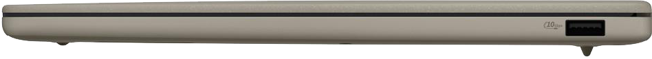Szürke laptop oldalsó nézet USB porttal és "10 Gbps" logóval.