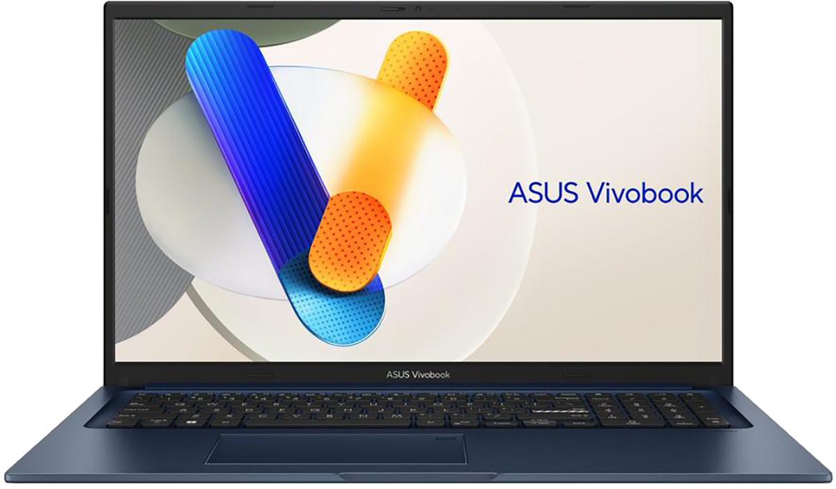 Egy kék ASUS Vivobook laptop absztrakt grafikával a képernyőn.