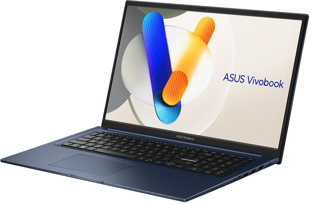 Egy kék ASUS Vivobook laptop absztrakt háttérrel a képernyőjén.