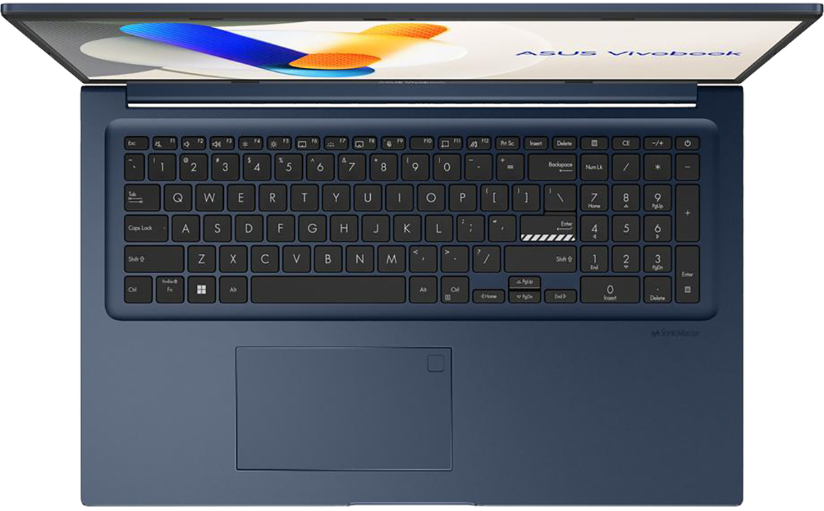Egy sötétkék laptop nyitott képernyővel, amelyen a billentyűzet látszik.