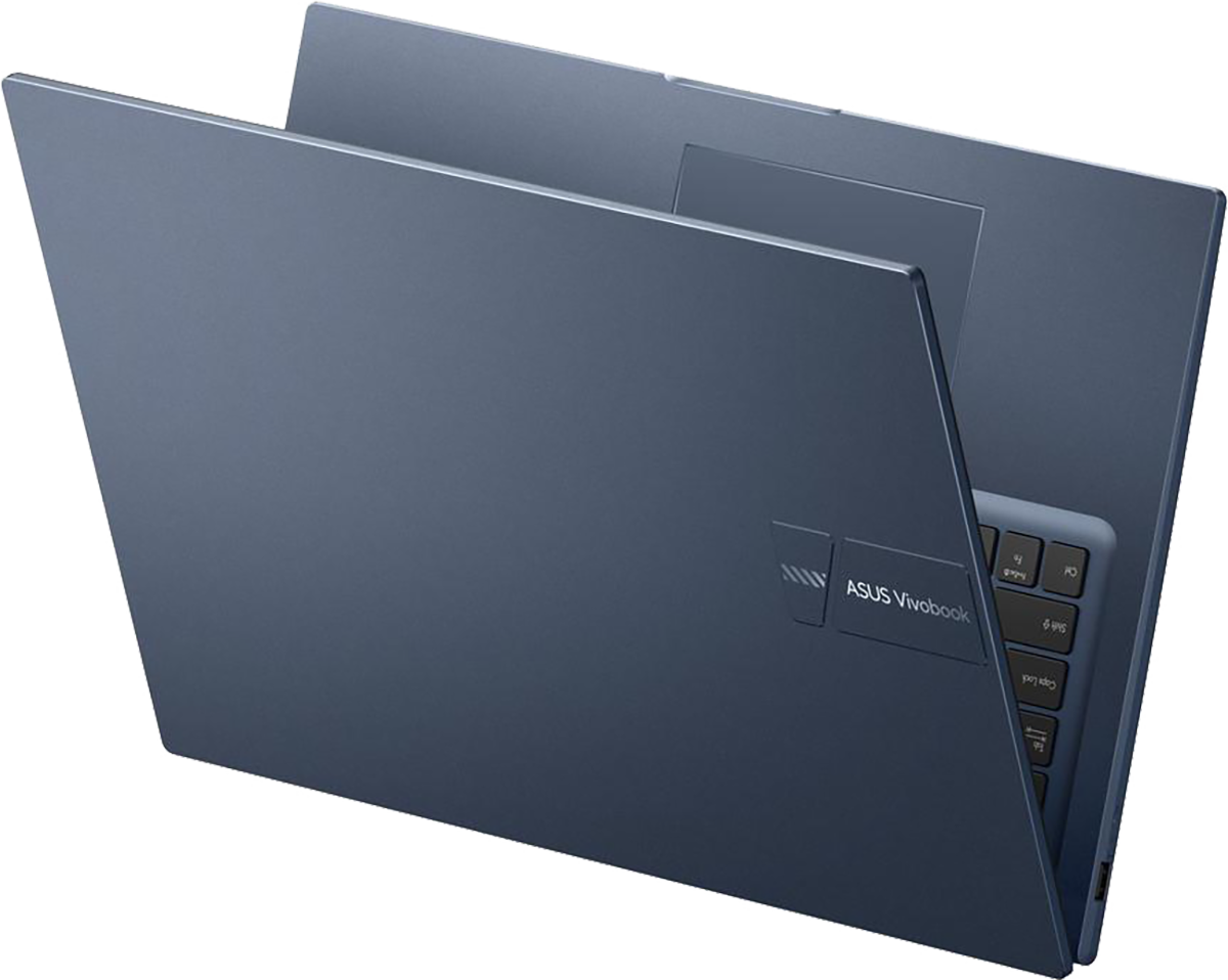 Kék Asus Vivobook laptop, félig nyitva, billentyűzet látható.