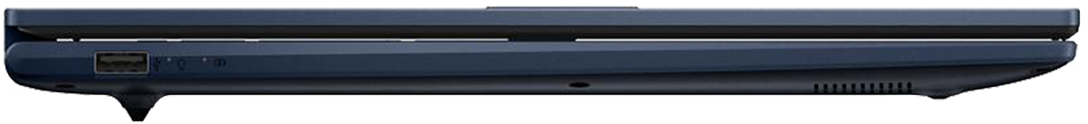 Sötétkék laptop oldala USB porttal és szellőzőkkel.