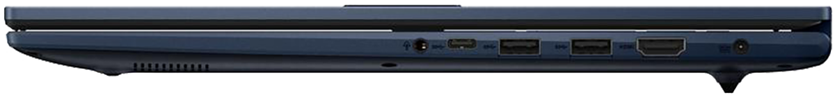 Kék laptop oldalnézetének közelképe, portokkal és szellőzőkkel.