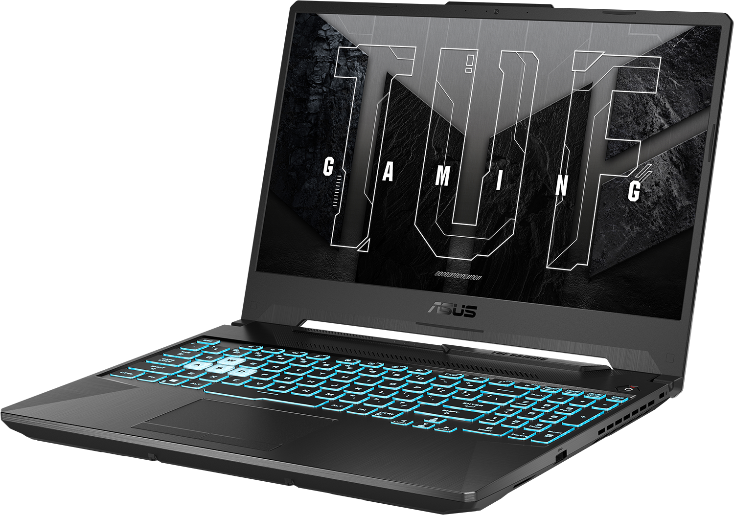 Fekete laptop világító billentyűzettel és TUF Gaming logóval a képernyőn.