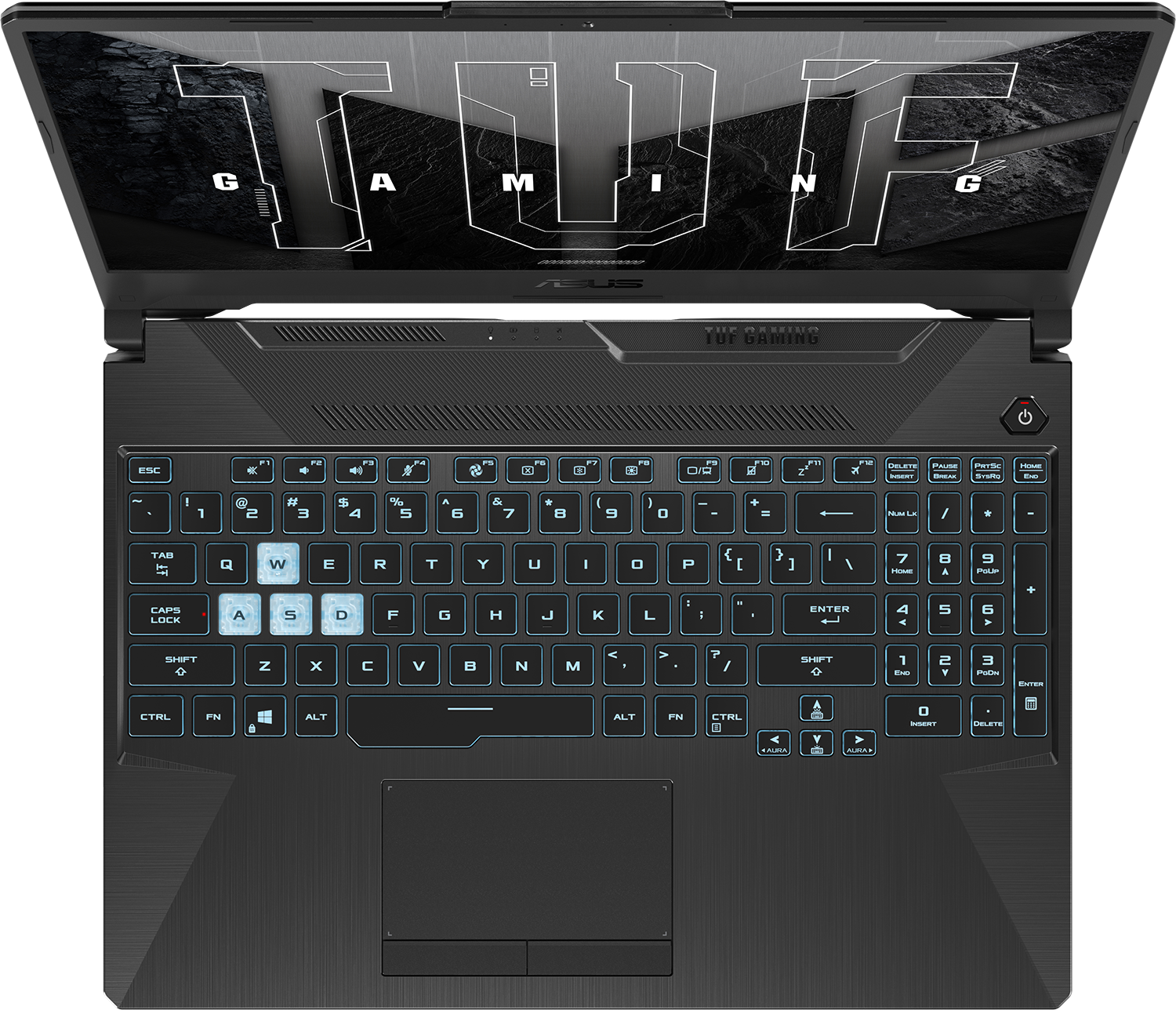 Egy nyitott fekete laptop világító billentyűzettel és gamer logóval a képernyőn.