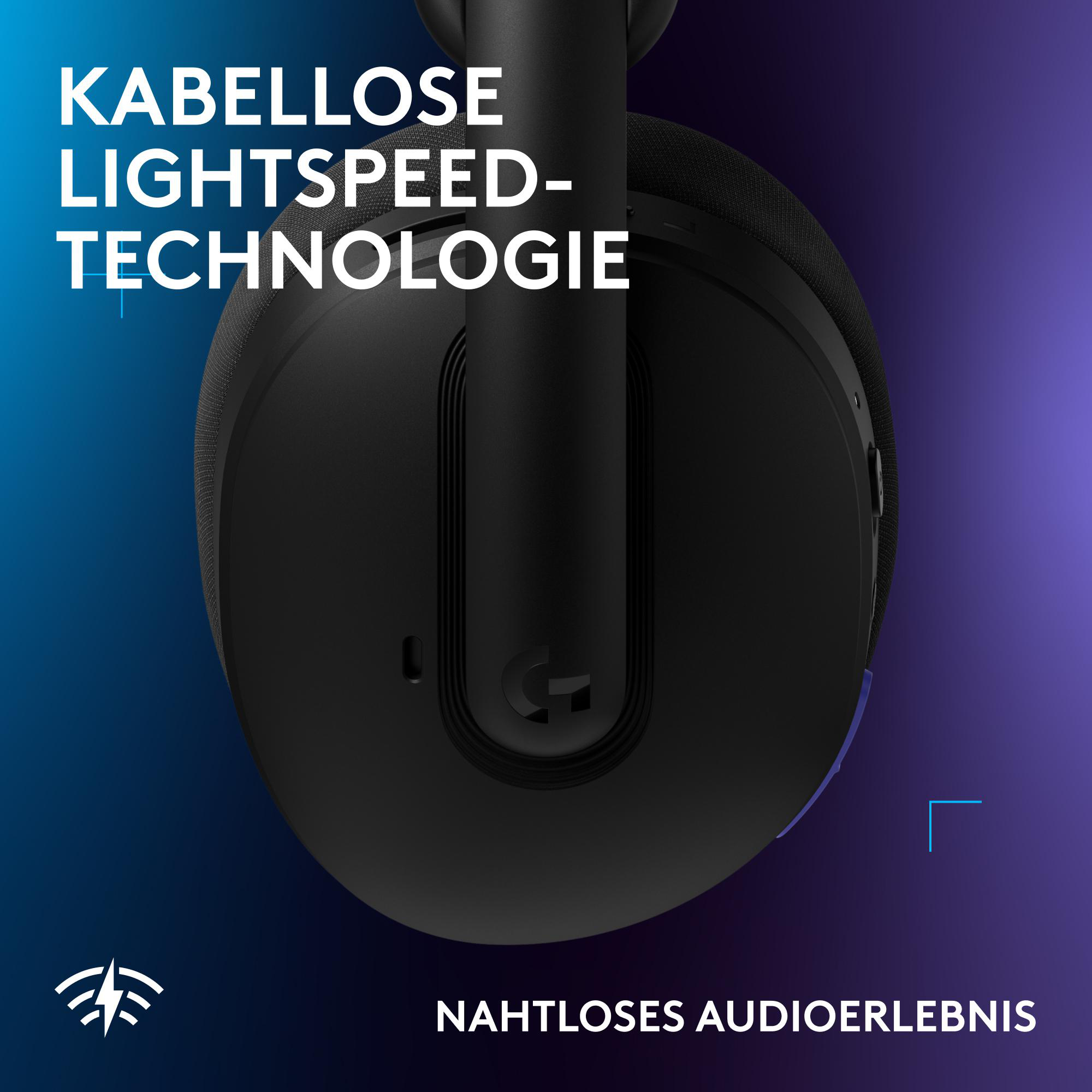 Schwarzer Kopfhörer mit Logitech G-Logo. Text: Kabellose Lightspeed-Technologie.