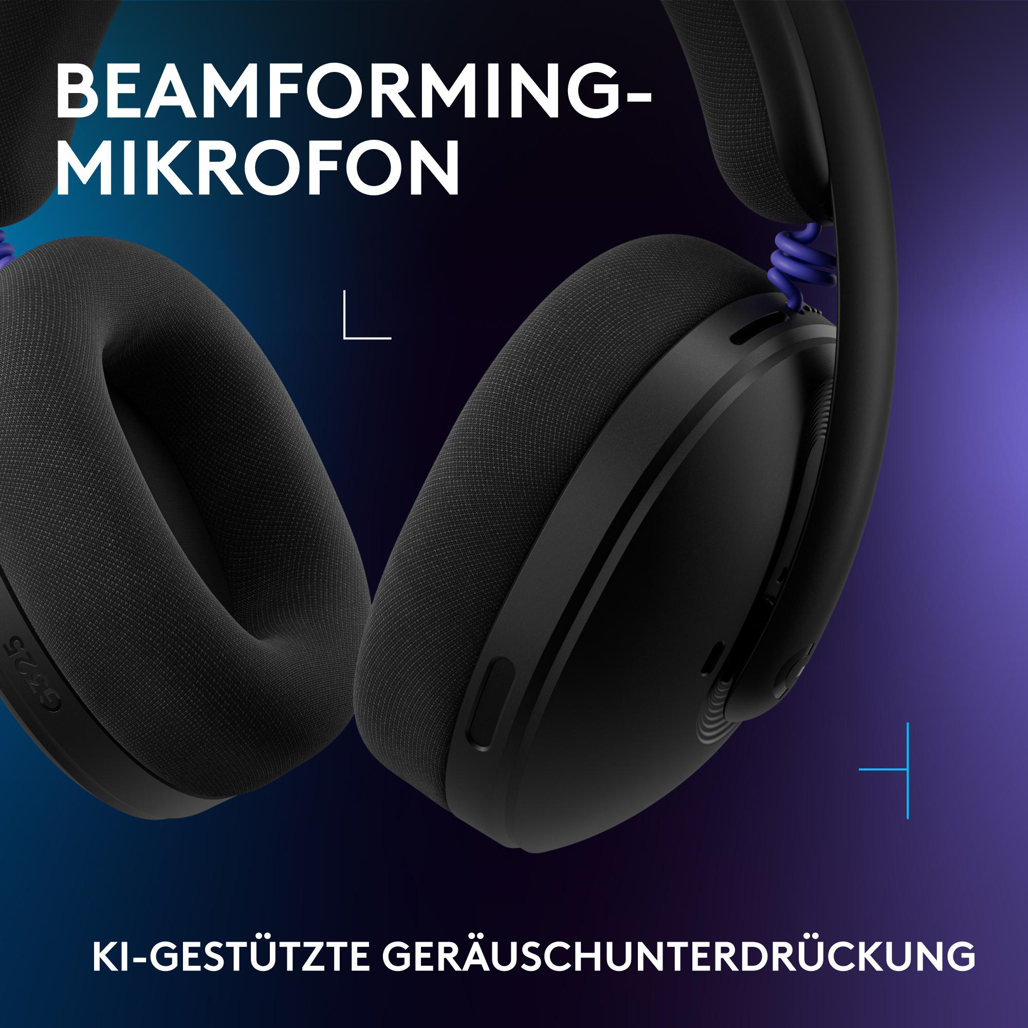 Schwarze Kopfhörer mit blauen Akzenten und Text.