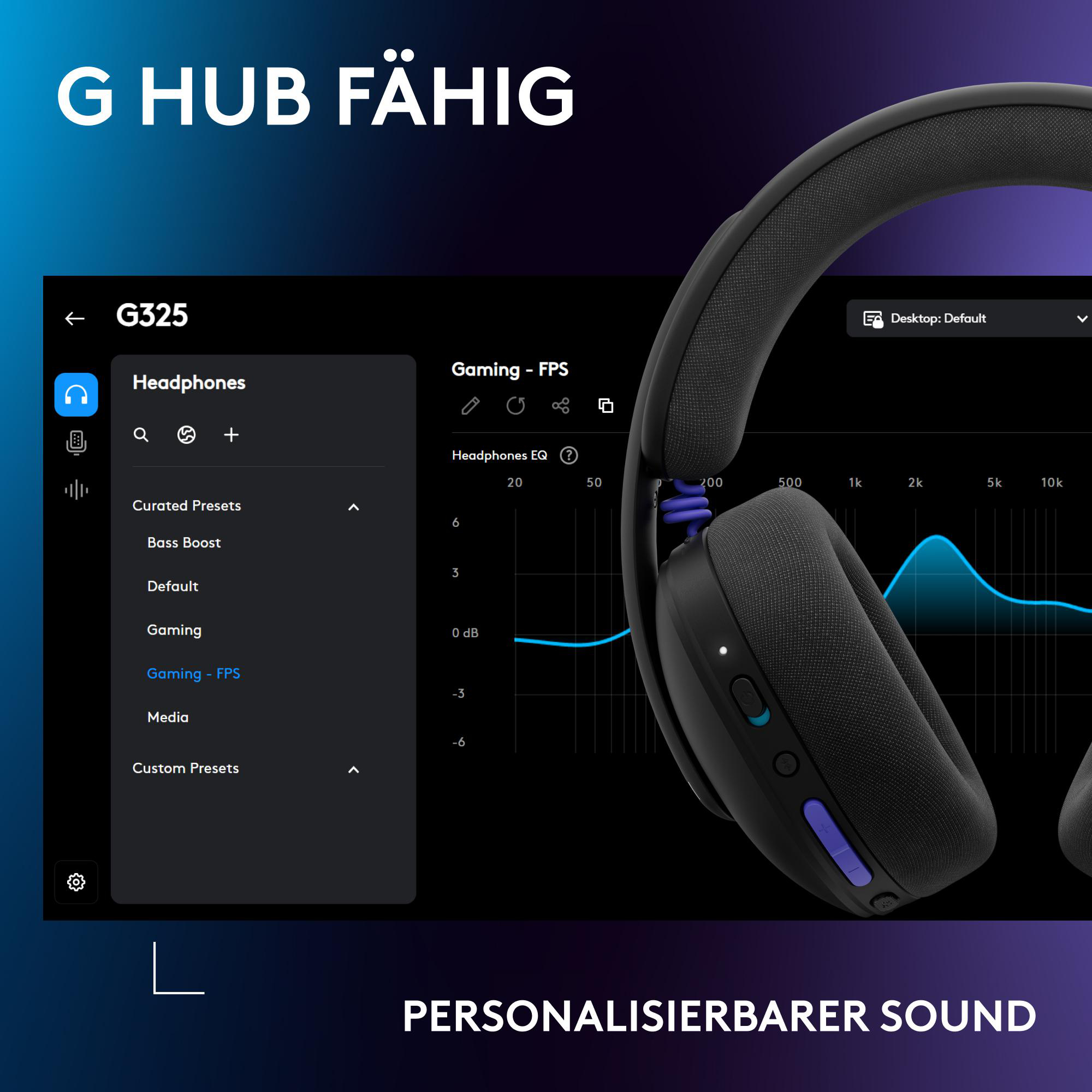 G Hub fähige Kopfhörer mit EQ-Einstellungen und Equalizer-Kurve.