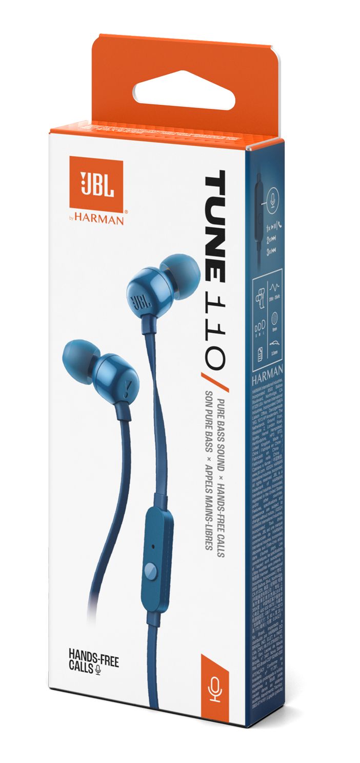 Opakowanie z niebieskimi słuchawkami JBL Tune 110 i informacjami o produkcie.
