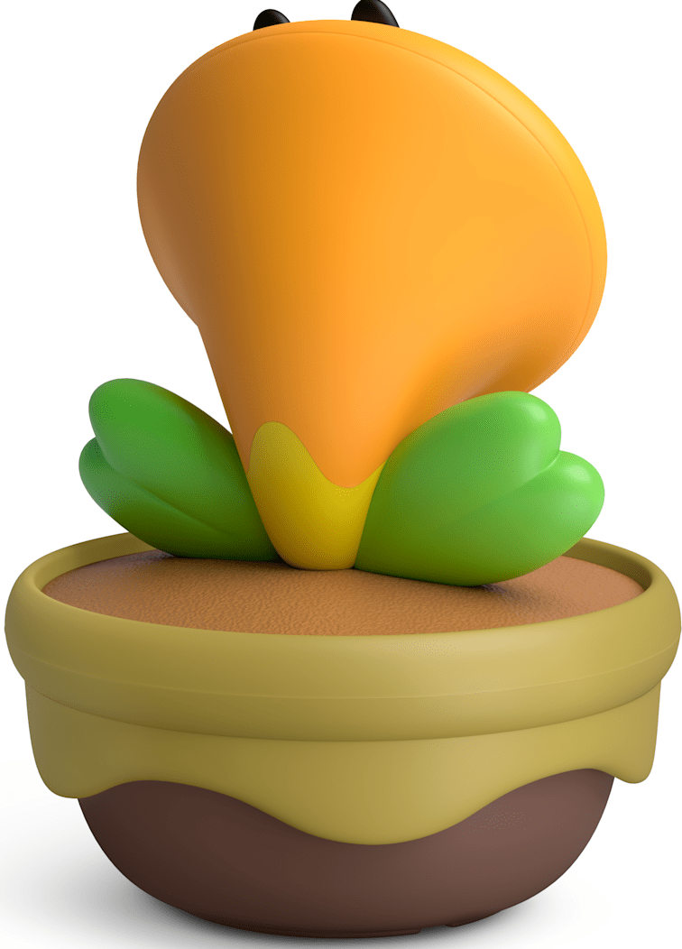 Eine orangefarbene Cartoon-Blume mit grünen Blättern in einem Topf.