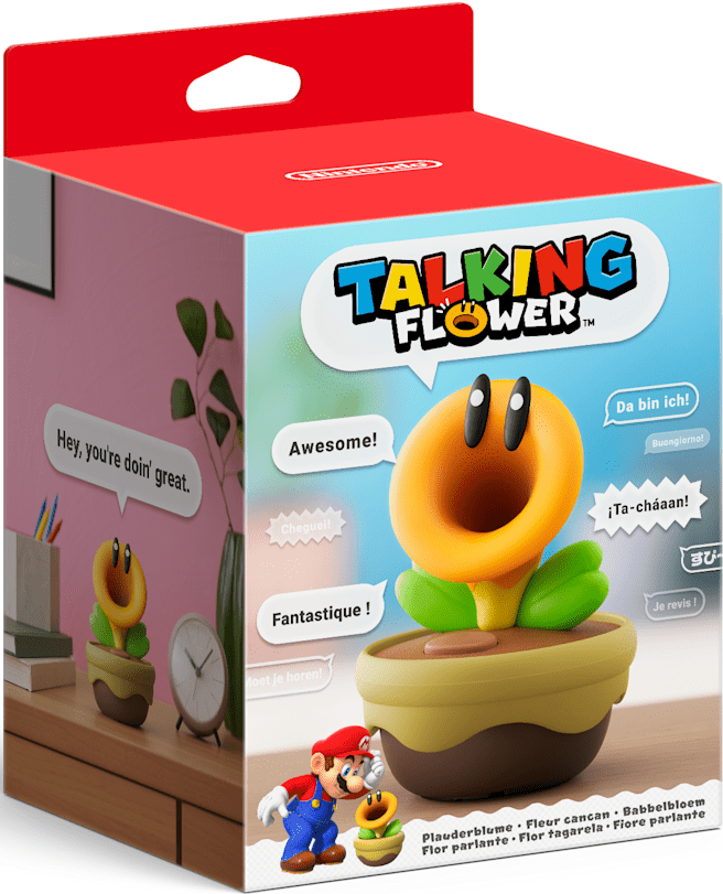 Talking Flower Spielzeugbox mit Mario und einer sprechenden Blume.