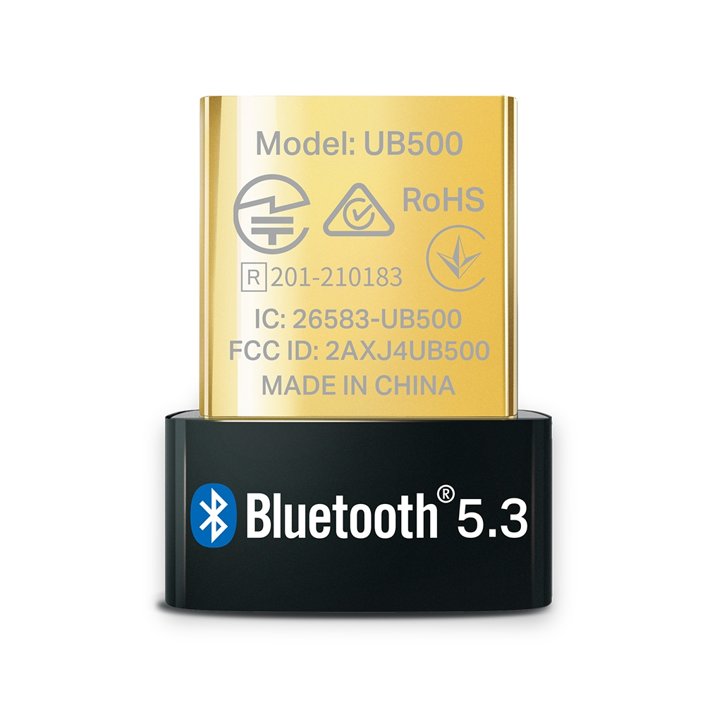 Złoty klucz sprzętowy Bluetooth 5.3, model UB500, z identyfikatorem FCC 2AXJ4UB500.