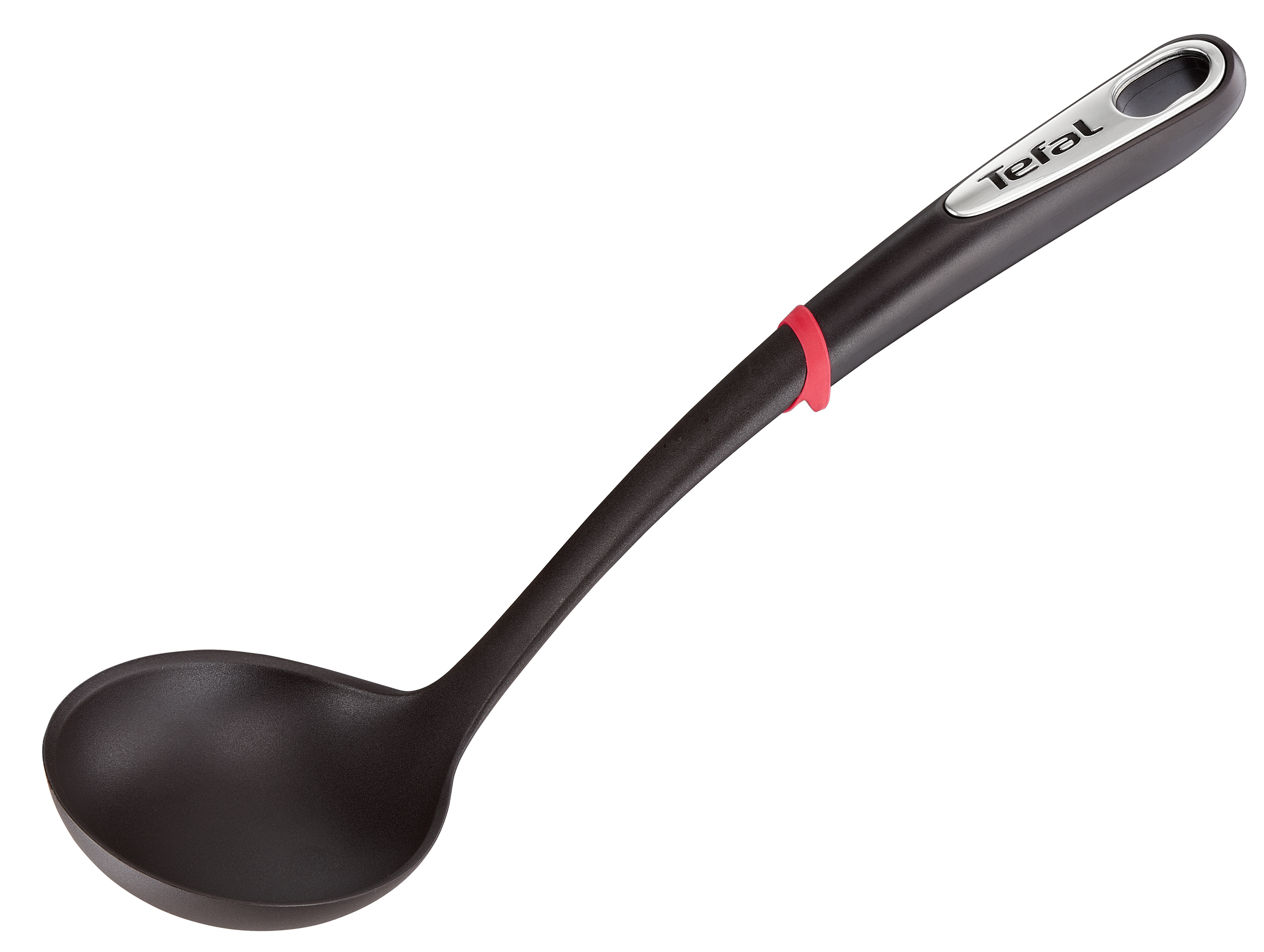 Fekete merőkanál piros gyűrűvel és Tefal logóval a nyele.