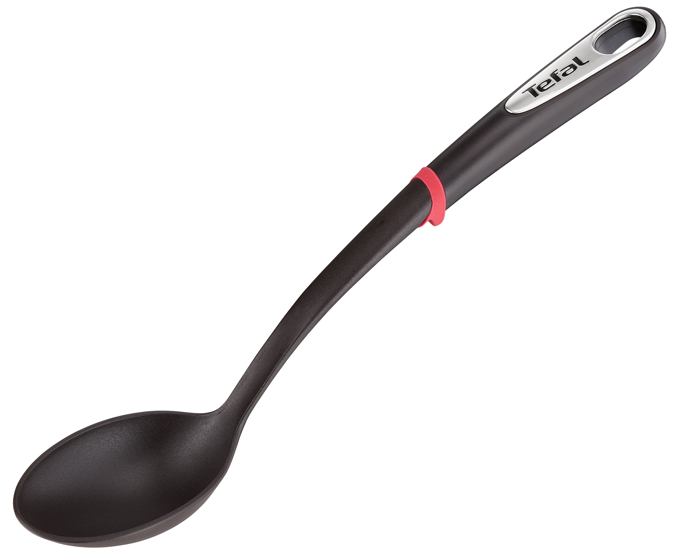 Sötét merőkanál piros gyűrűvel és Tefal logóval a nyele.